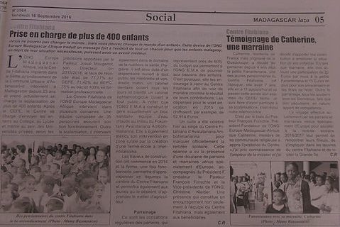 Un article sur le Centre Fitahiana de l’ONG E.M.A dans le journal quotidien malgache « Madagascar Malaza »